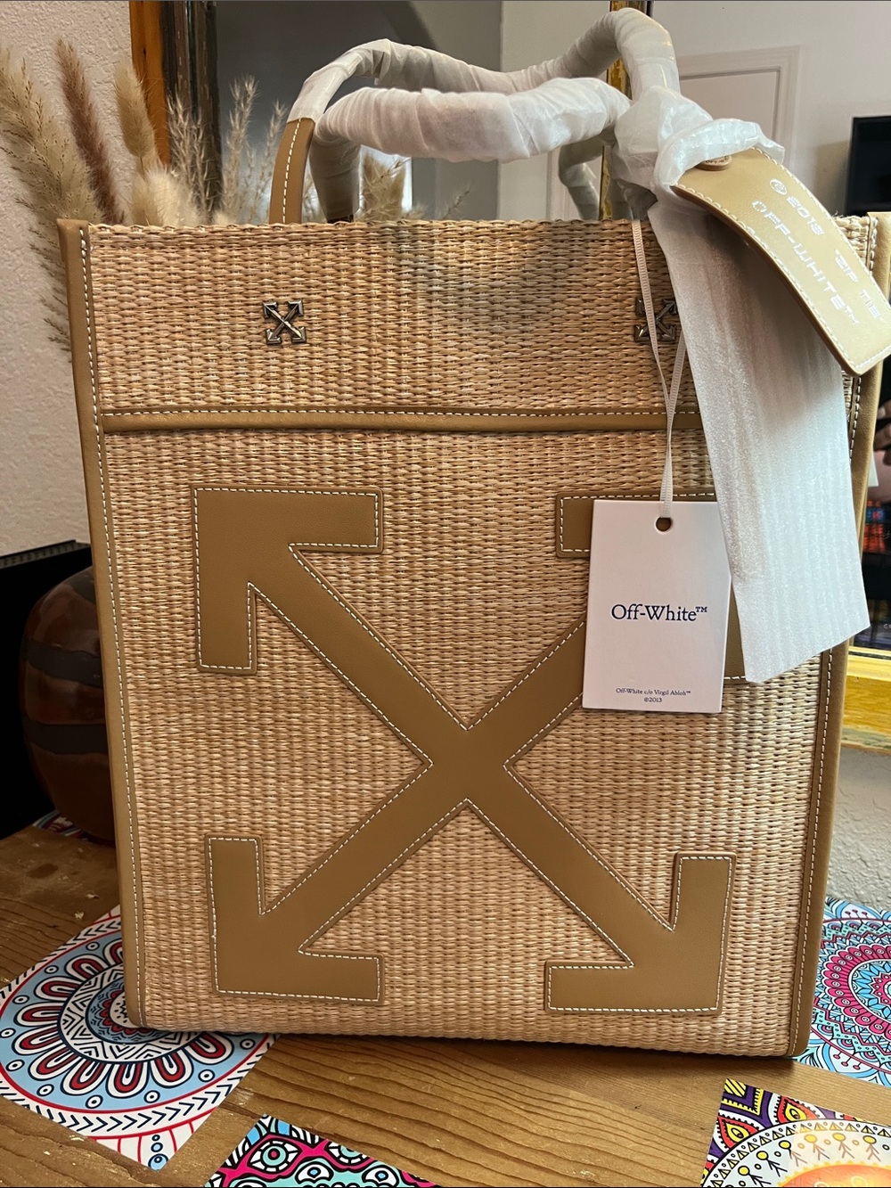 NWT Off-White Natural Wicker Tote with Tan Arrow Logo